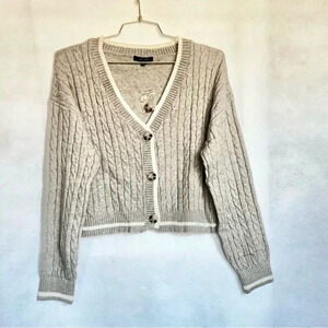 Cardigan Sweater Cable Knit Oversized Dropped Shoulder Cropped Waist Length Gray